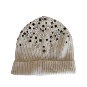 Sparkle Crown Beanie Hat Cream Knit Embellished Rhinestone Winter Warm Women